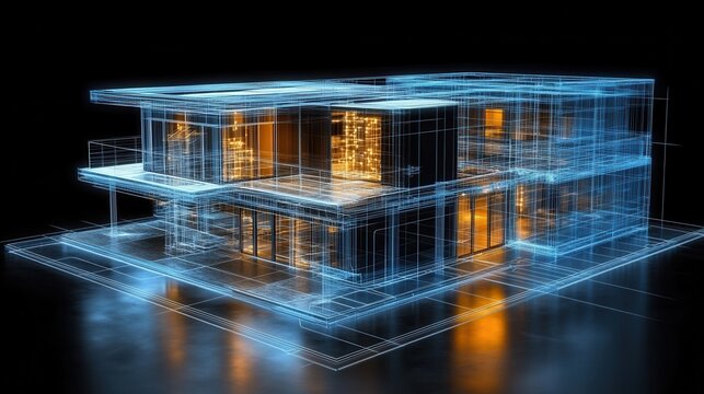 Futuristic data center design with glowing lights and server rac