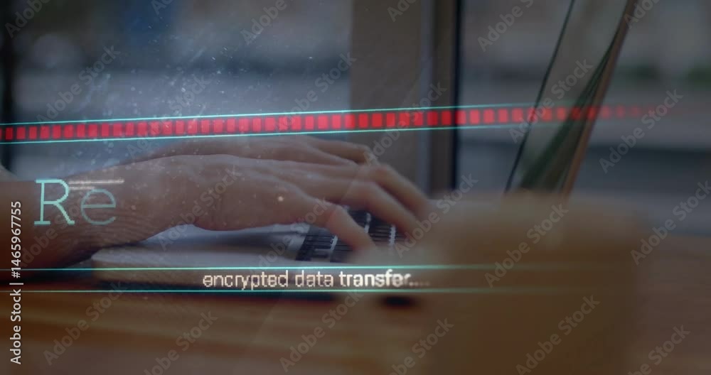 Aufkleber hands typing and displaying encrypted data transfer progress in animated flat design ui overlay