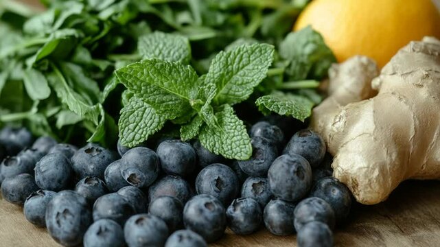 Vibrant Blueberries, Mint, Ginger, and Arugula: A Delicious Blend of Nature's Goodness