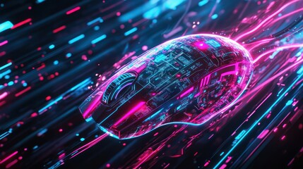 Futuristic, glowing computer mouse, illuminated by vibrant neon lights, streams of data flow around.  Internal circuitry visible