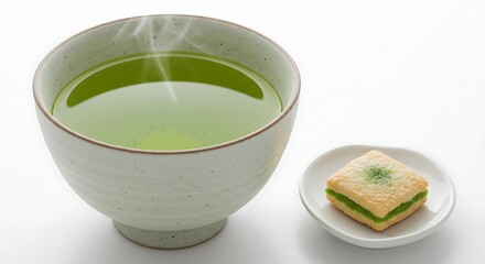 A cup of Japanese green tea with a small snack, white background
