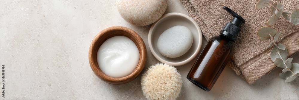 Aufkleber skincare products arranged on ceramic tile with blurred top, showcasing natural elements and texture