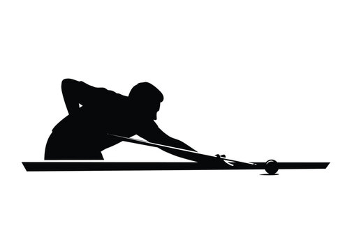 Billiards silhouette. This image shows a silhouette of a billiards player aiming with a cue stick at a billiard ball on a table. Vector clipart illustration design.