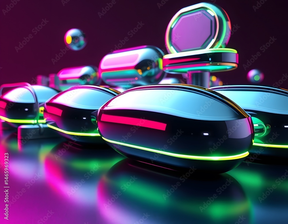 Poster abstract futuristic metallic shapes, glowing neon lights creating a dazzling effect. metallic surfac