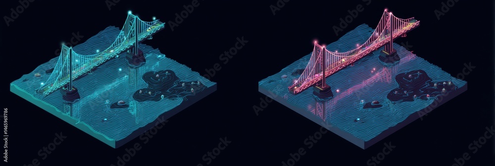 Poster neon glowing isometric bridges connecting two islands over a serene body of water at night generativ