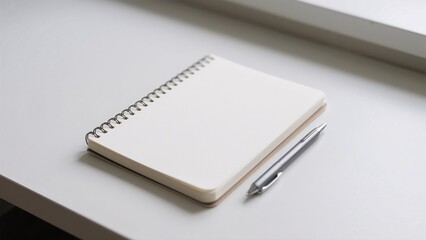 A blank notebook with a pen lying beside it on a smooth surface. The scene conveys a sense of readiness, planning, and creativity