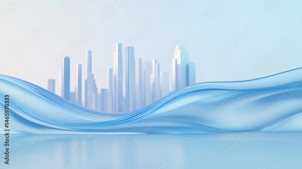 Aufkleber 抽象的な青と白の都市景観と波状の表面を備えた未来的なデザインの背景