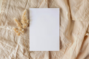 Top View Blank Paper for Flyer and Invitation Minimalist aesthetic wedding stationery Blank greeting card invitation scene templates Mockup