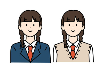 三つ編みの女子高生 ブレザー ベスト ネクタイ