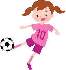 Illustration of a girl wearing pink jerseys kicking a soccer ball. Vector Illustration.