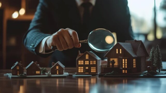 拡大鏡で不動産物件を調査するビジネスマン