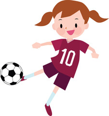 Illustration of a girl wearing maroon jerseys kicking a soccer ball. Vector Illustration.