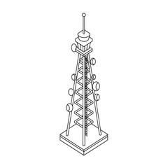 Isometric Communication Tower Black Outline Isolated on White Background, Icon