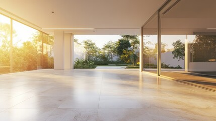 Bright interior space with large windows and sunlight