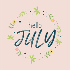 Hello July. July month vector. Illustration month July. Hello July vector template. Design for banner, greeting cards or print.