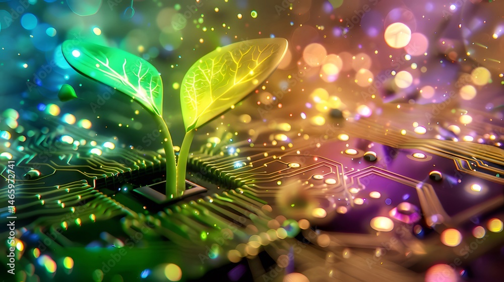 Aufkleber カラフルな背景に電子回路から成長する緑の植物 新しい技術と持続可能な未来の概念を示す