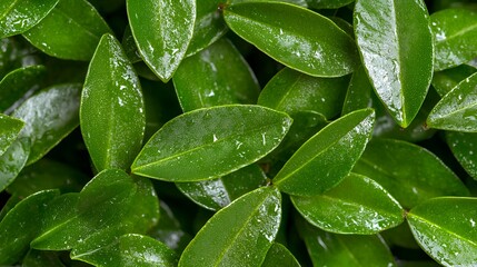 Close Up of Fresh Green Leaves with Water Droplets