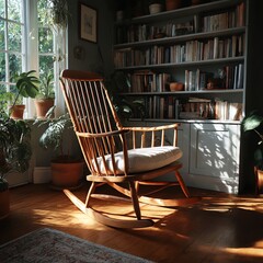 A vintage wooden rocking chair bathed in sunlight, perfect for a cozy reading nook. Rustic charm meets timeless elegance in this antique-inspired piece