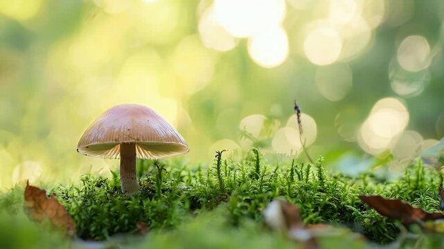 Amanita Mushroom Growing on Vibrant Green Moss with Bokeh Sunlight Filtered Through Woodland Trees