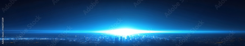 Poster 濃い青色の背景に光のフレアと輝きのある抽象的な未来的な風景と技術的な要素のイラスト