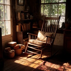 A vintage wooden rocking chair bathed in sunlight, perfect for a cozy reading nook. Rustic charm meets timeless elegance in this antique-inspired piece