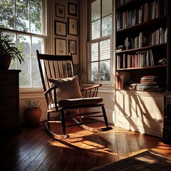 A vintage wooden rocking chair bathed in sunlight, perfect for a cozy reading nook. Rustic charm meets timeless elegance in this antique-inspired piece