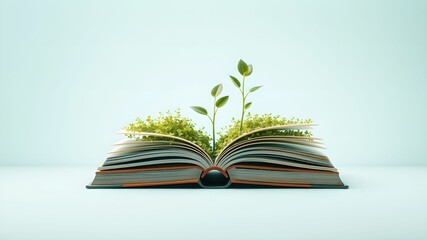 3D plant sprouting from open book of success