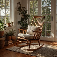 A vintage wooden rocking chair bathed in sunlight, perfect for a cozy reading nook. Rustic charm meets timeless elegance in this antique-inspired piece