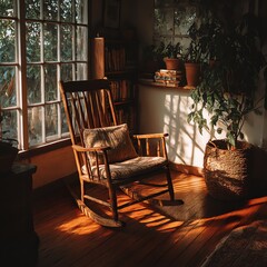 A vintage wooden rocking chair bathed in sunlight, perfect for a cozy reading nook. Rustic charm meets timeless elegance in this antique-inspired piece