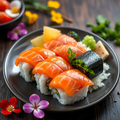 Sushi with salmon, Japanize food, fresh fish, rice, vegetables, fruits, colors, flowers