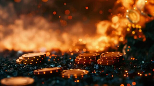 Many gold token casino chips explode on black background