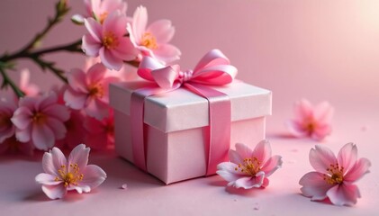 Elegant gift box with pink ribbon, blooming flowers , gratitude, mother