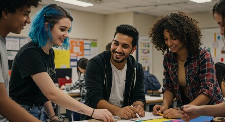 Diverse students collaborating on project in classroom learning teamwork and creative problem solving skills