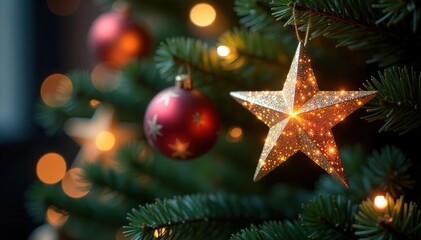 Sparkling star ornaments adorn a festive Christmas tree , shiny, pine
