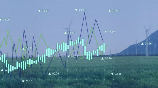 Wind turbines spinning over green field, financial chart climbing with time markers in flat design