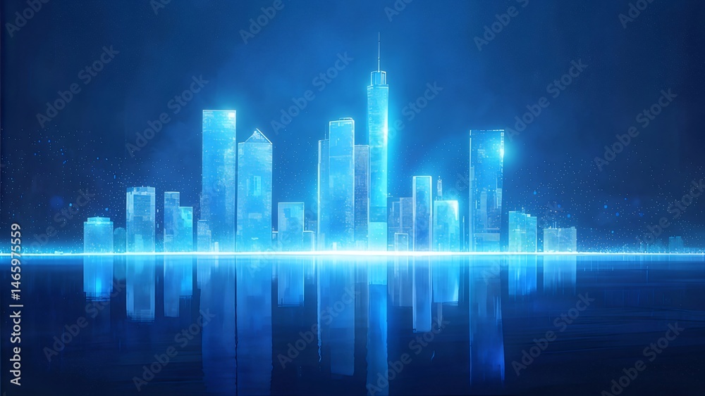 Poster 青色光沢のある未来的な都市のスカイラインの抽象的なデジタルイラストレーションの夜景