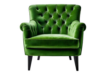 Green velvet armchair featuring a tufted back design and sturdy black legs isolated on transparent or white background