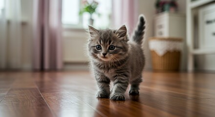 Adorable Gray Kitten Walking on Hardwood Floor in Bright Room