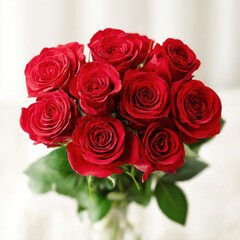 Fototapeta premium Elegant arrangement of fresh red roses in a clear vase on a light background, ideal for romantic occasions, gifts, or floral decoration in home settings
