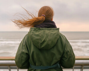 Woman with green coat facing the sea on a windy day
