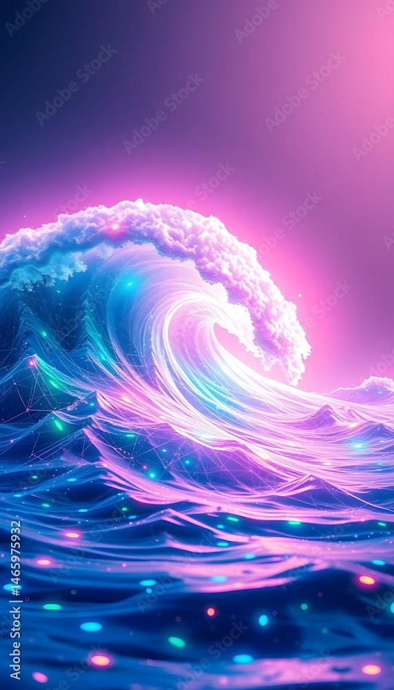 Poster Dynamic Glowing Wave. Illuminated Digital World With Vivid Colors. A High Quality 3d Render. Technology Background, Abstract Form, Futuristic Design, And Captivating Visuals.