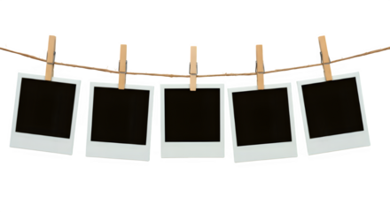 A row of five Polaroid frames pinned on a rope with clothespins, showcasing simplicity and an anticipation of cherished memories, isolated on white or transparent background. PNG