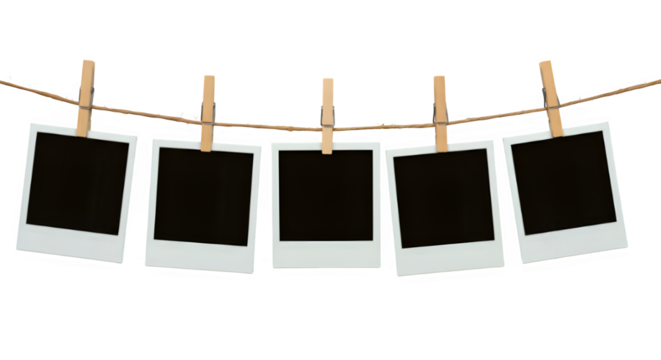 A row of five Polaroid frames pinned on a rope with clothespins, showcasing simplicity and an anticipation of cherished memories, isolated on white or transparent background. PNG