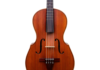 Traditional wooden string instrument with dark brown finish isolated on transparent or white background