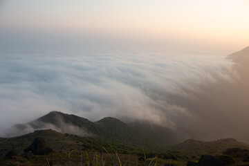 Beautiful landscape at Sunset Peak - Tai Tung  Shan, with sea of clouds. Lantau Island, Hong Kong