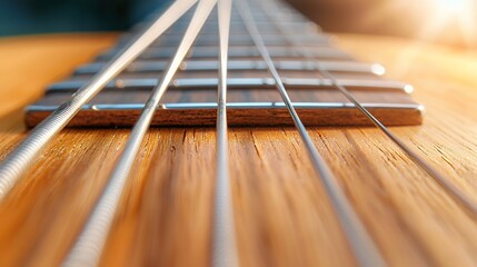 Close Up View of Guitar Strings and Fretboard in Warm Light