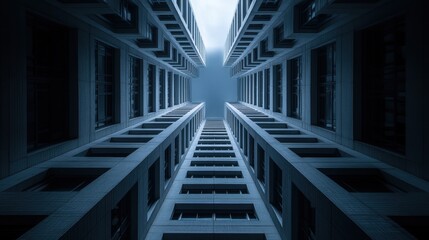 Obraz premium Abstract view of building architecture converging towards the sk