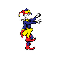 vector illustration of a clown or jester in a card game with dancing pose and colorful clothes