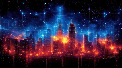 Obraz premium Neon metropolis under starry skies vibrant cityscape with digita