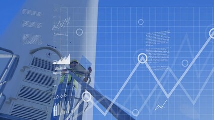 man wearing hard hat and vest inspecting wind turbine platform, with renewable energy data overlays - Powered by Adobe